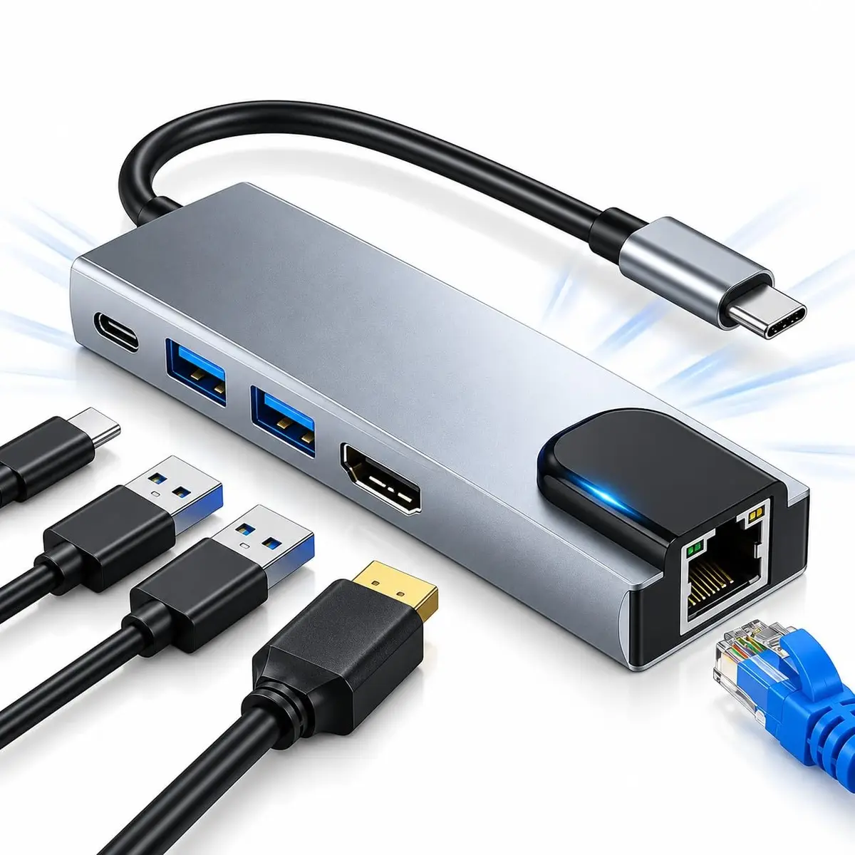Hub USB-C 6 em 1 com HDMI 4K, RJ45 Ethernet 100Mbps, 2x USB 3.0, 2x USB-C | LAN 100 Mbps, 2 USB 3.0, 2 USB C, metal, plug and play, notebook, MacBook, laptop e smartphone Estrutura em Aluminio - 1