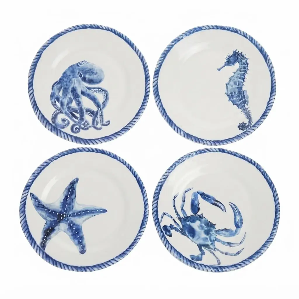 Conjunto 4 Peças Pratos de Melamina Sobremesa Branco e Azul | Tema fundo do mar - 1