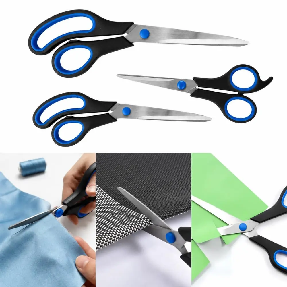 Kit 3 Tesouras Multiuso Aço Inox Conjunto Tesoura Papel e Tecido, Azul - 1
