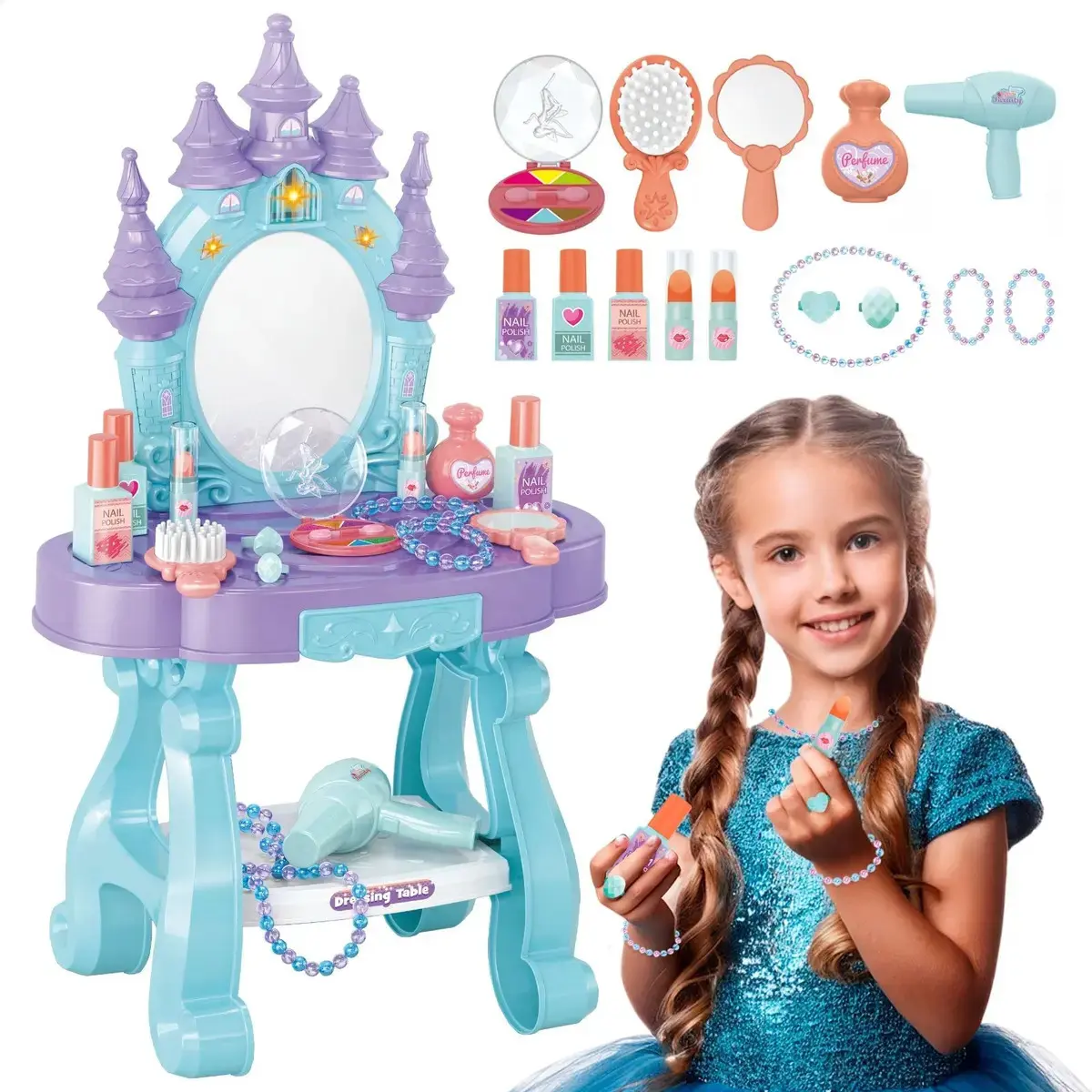 Penteadeira Castelo Emite Luz E Som Princesa Infantil Azul