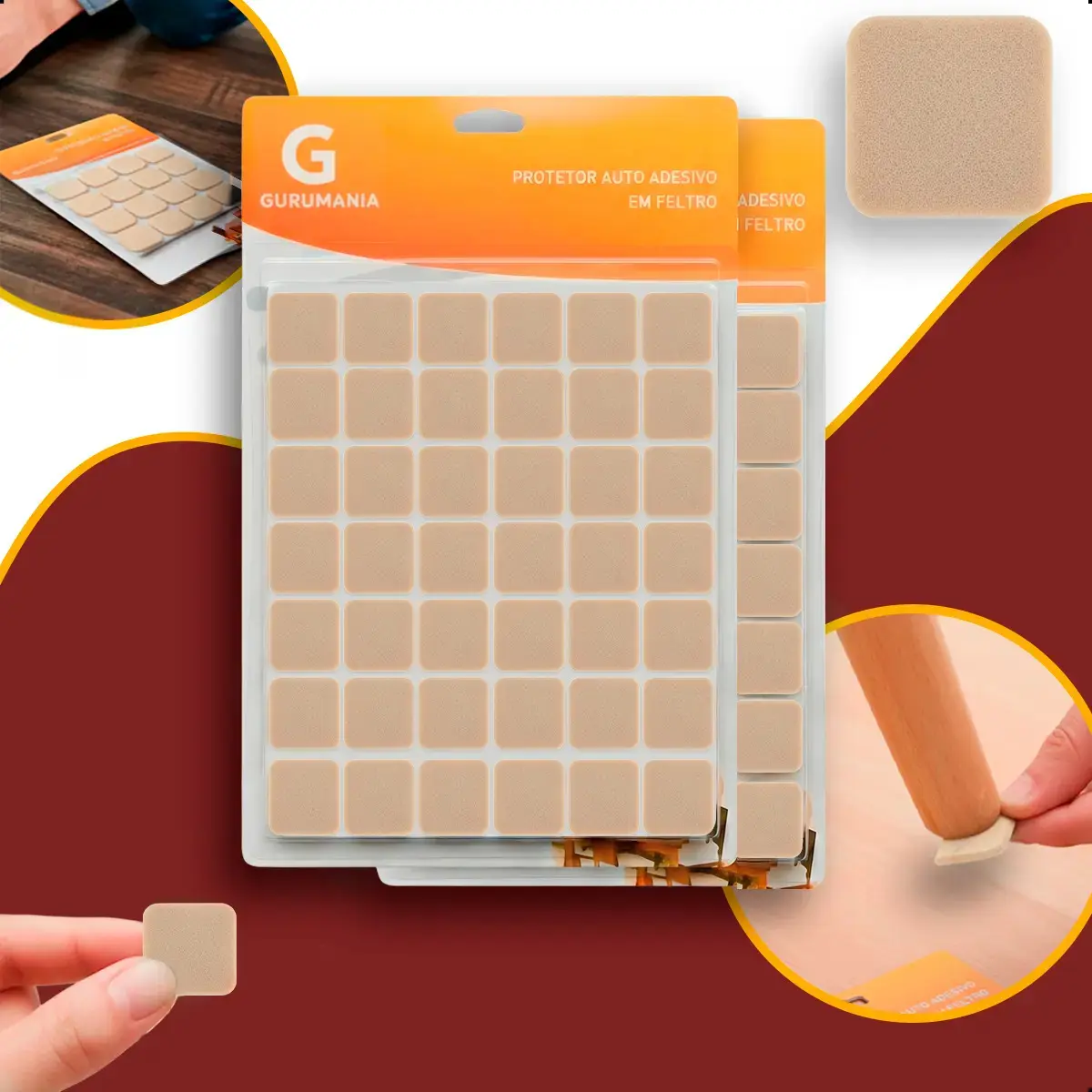 Kit 100 Feltro Adesivo Quadrado Bege Protetor Sofá Cadeira Mesa Gurumania