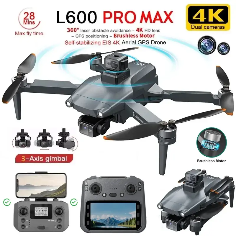 Novo l600 pro max 4k drone profissional com câmera 8k hd 3 eixos cardan gps dron evitar obstáculos 5g wifi fpv rc quadcopter brinquedo - 1