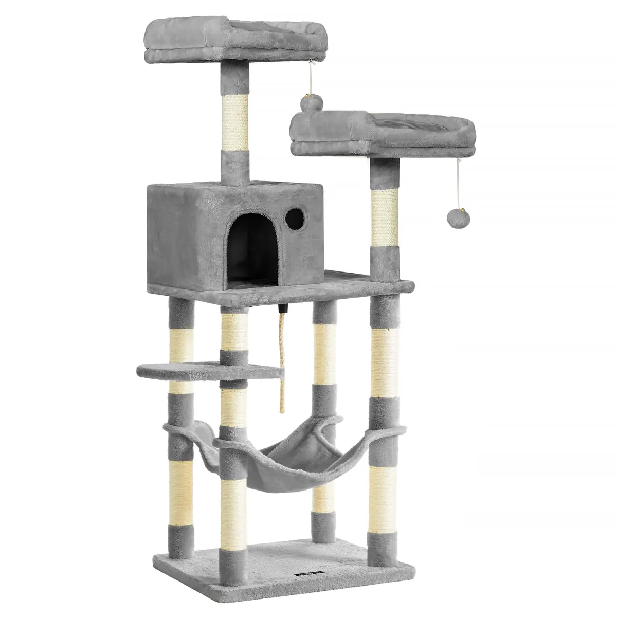Feandrea Árvore para Gatos, Torre de 143 cm para Gatos de Interior, Arranhador de Vários Níveis com 11 Postes, Poleiros, Toca, Rede, Pompom, Cinza Claro PCT15WV1