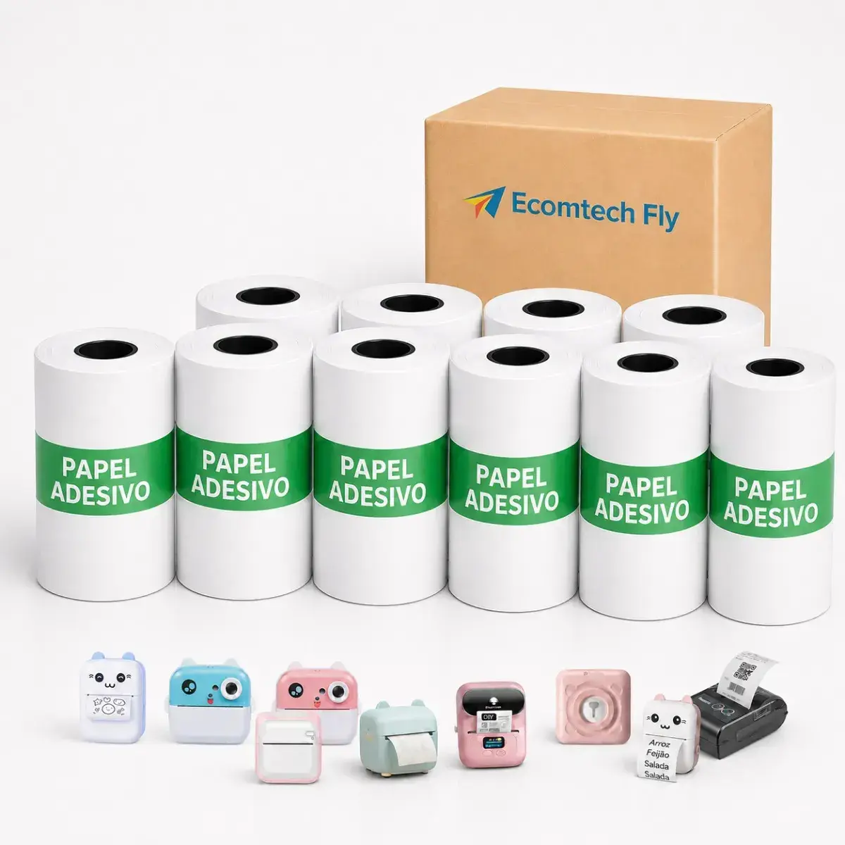 10 Rolos Bobinas Continua Papel Térmico Adesivo 57x30mm para Mini Impressora Portátil, Câmera Infantil que Imprime Fotos, Refil Autocolante Sem Tinta para Etiquetas, Recibos, Desenhos e QRCode, Kit