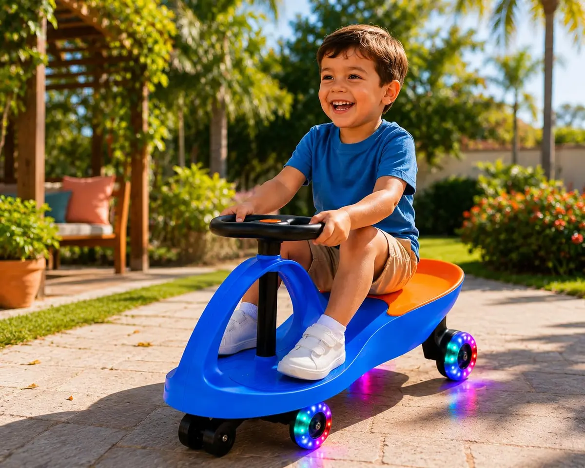 Carrinho Rolimã Gira Car Infantil Rosa Volante 360° Rodas LED 80kg (Azul com Laranja, Carrinho Rolimã Gira Gira)