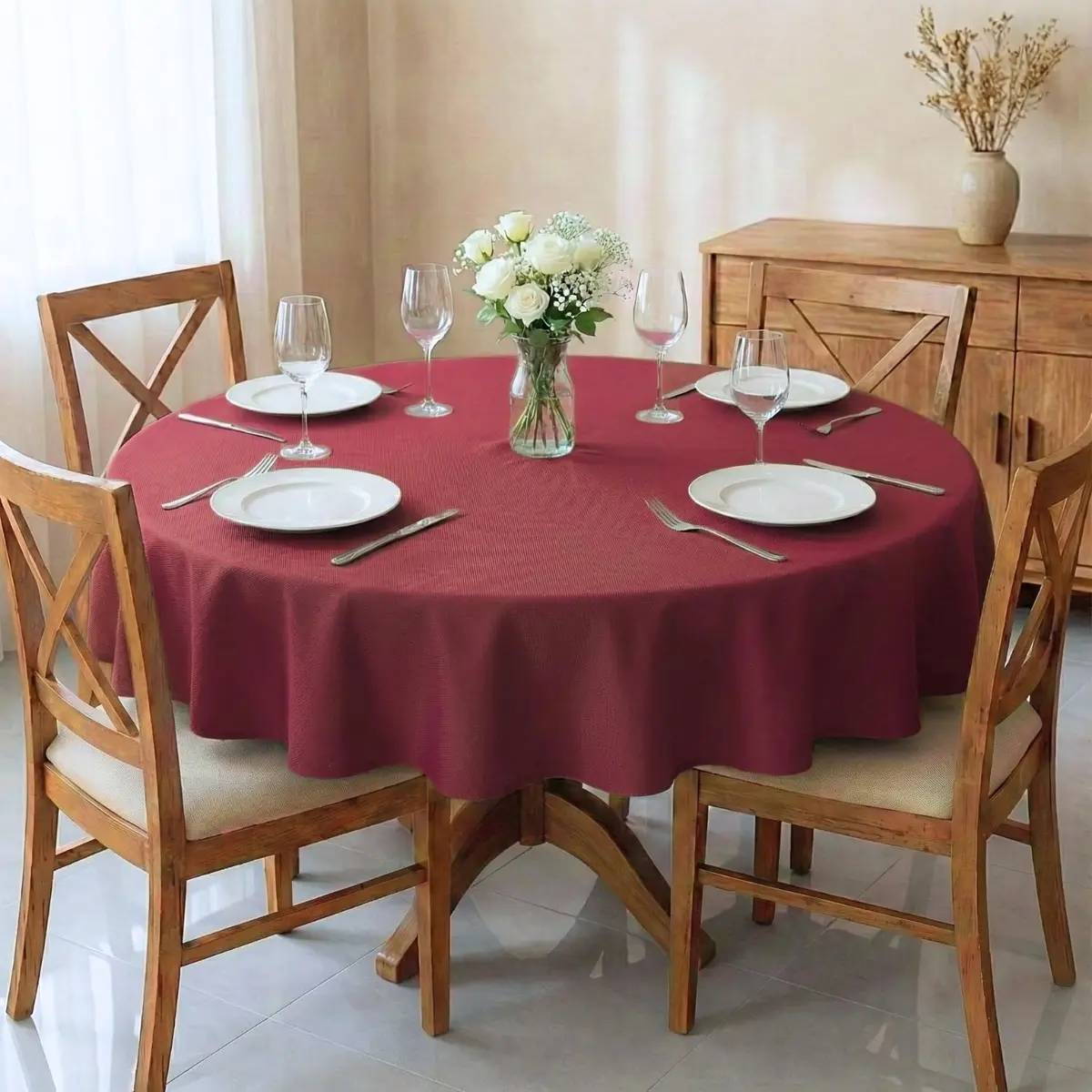 Toalha De Mesa Redonda 4 Lugares 1,40m Tecido Oxford Liso Leve e Resistente Cozzilar (Vinho) - 1