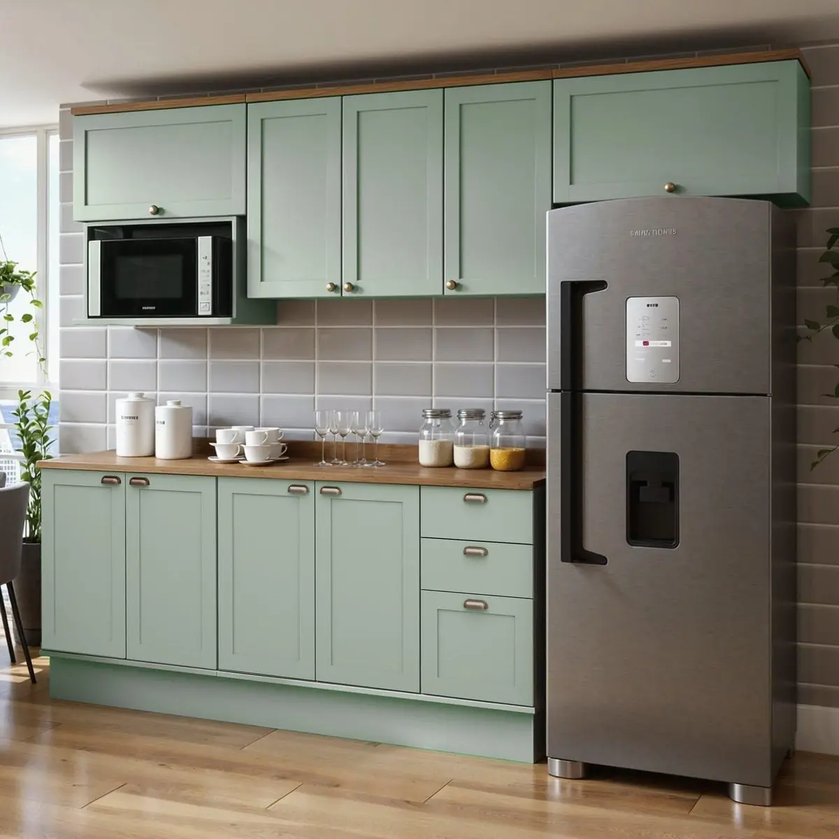 Cozinha Modulada Completa 6 Peças 100% Mdf Americana Provençal com Tampo e Rodapé Iluminata Verde Mint/Ébano Fosco