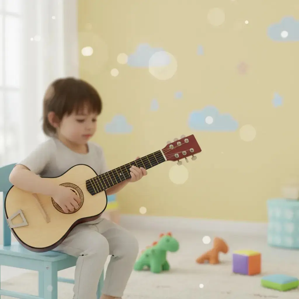 Mini Violão Infantil Brinquedo Madeira Cordas Em Aço Palheta Beje Hk9 thumbnail 5
