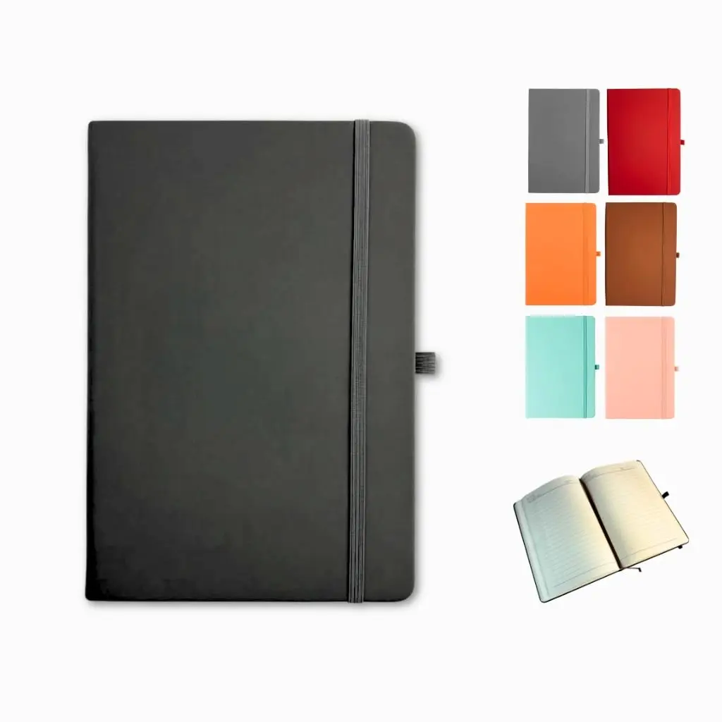 Caderno A5 Com Pauta 80 Folhas 80g Caderneta 14x21 com Suporte Para Caneta Capa Dura Emborrachada Cor Preto - 1 Unidade