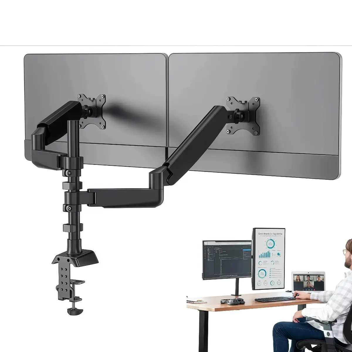 Suporte Articulado para Monitor Duplo, Braço Ergonômico Ajustável para 17 a 35 Polegadas, Suporte de Mesa Articulado Duplo, VESA 75/100mm, Organizador de Cabos, Suportes Mesa/Perfurado​​
