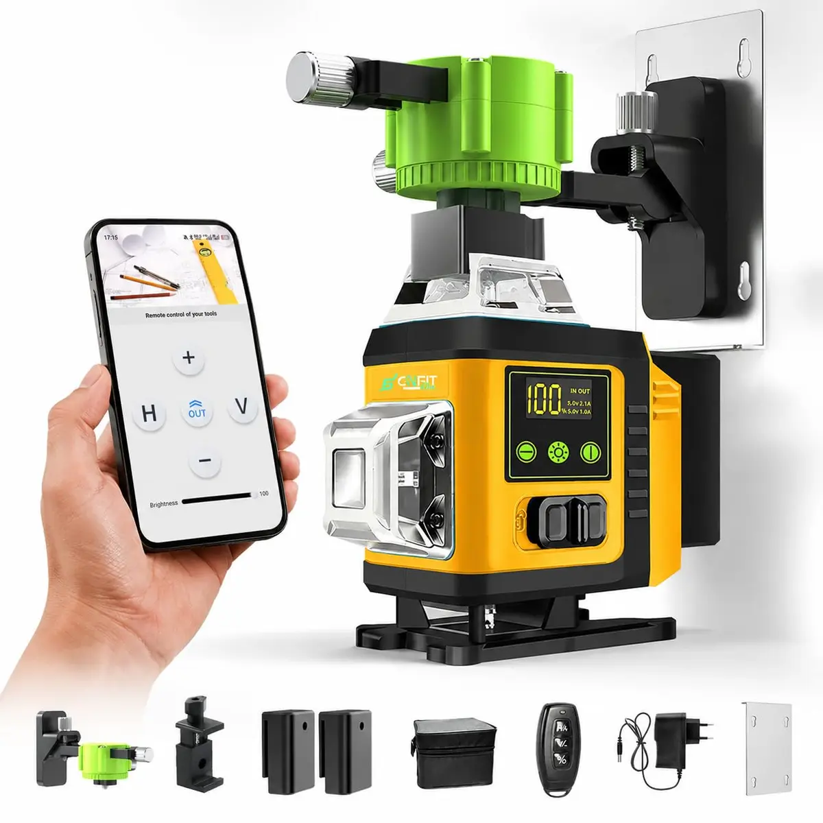 Nível a Laser 16 Linhas Verde 4D 360° Autonivelante, Modo Manual e Pulso, Controle Remoto com APP, Base Magnética, 2 Baterias de Lítio 2400mAh, IP54, Amarelo