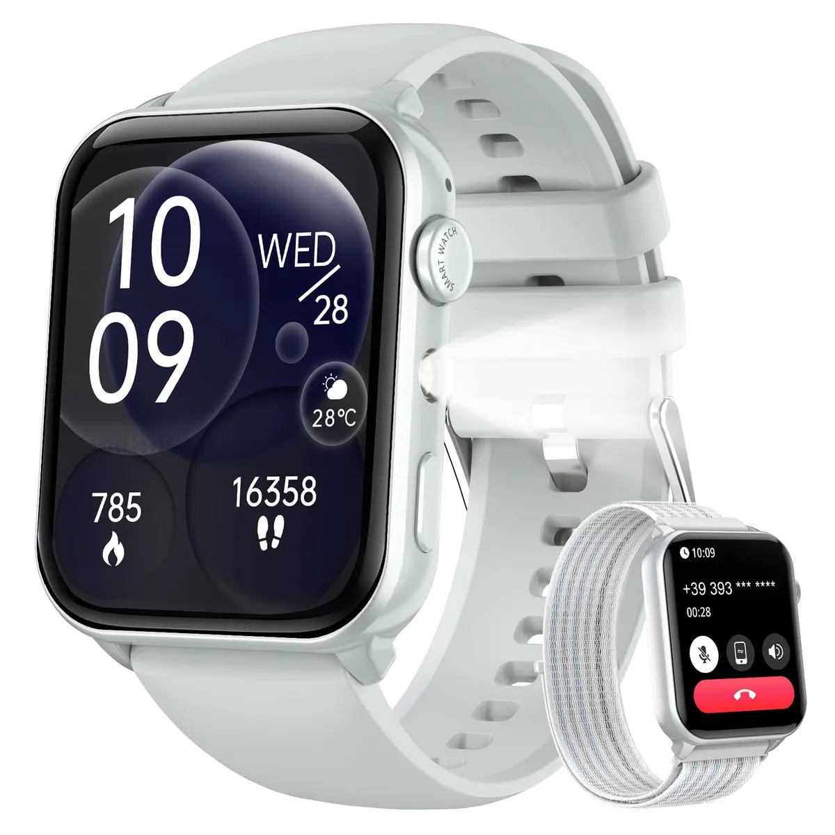 IOWODO Relógio Smartwatch Unissex 1.91" com Chamadas Bluetooth - Lanterna LED, 2 Pulseiras, 100+ Modos Esportivos, IP68 - iPhone/Android (Prata)