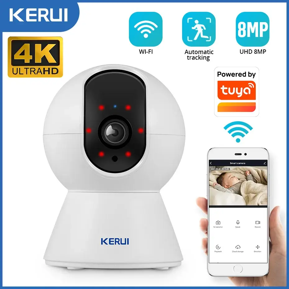 Câmera IP WiFi KERUI 5MP 8MP 4K HD para Segurança Interna, Câmera de Vigilância Residencial, Funciona com Tuya Smart e Rastreamento Automático