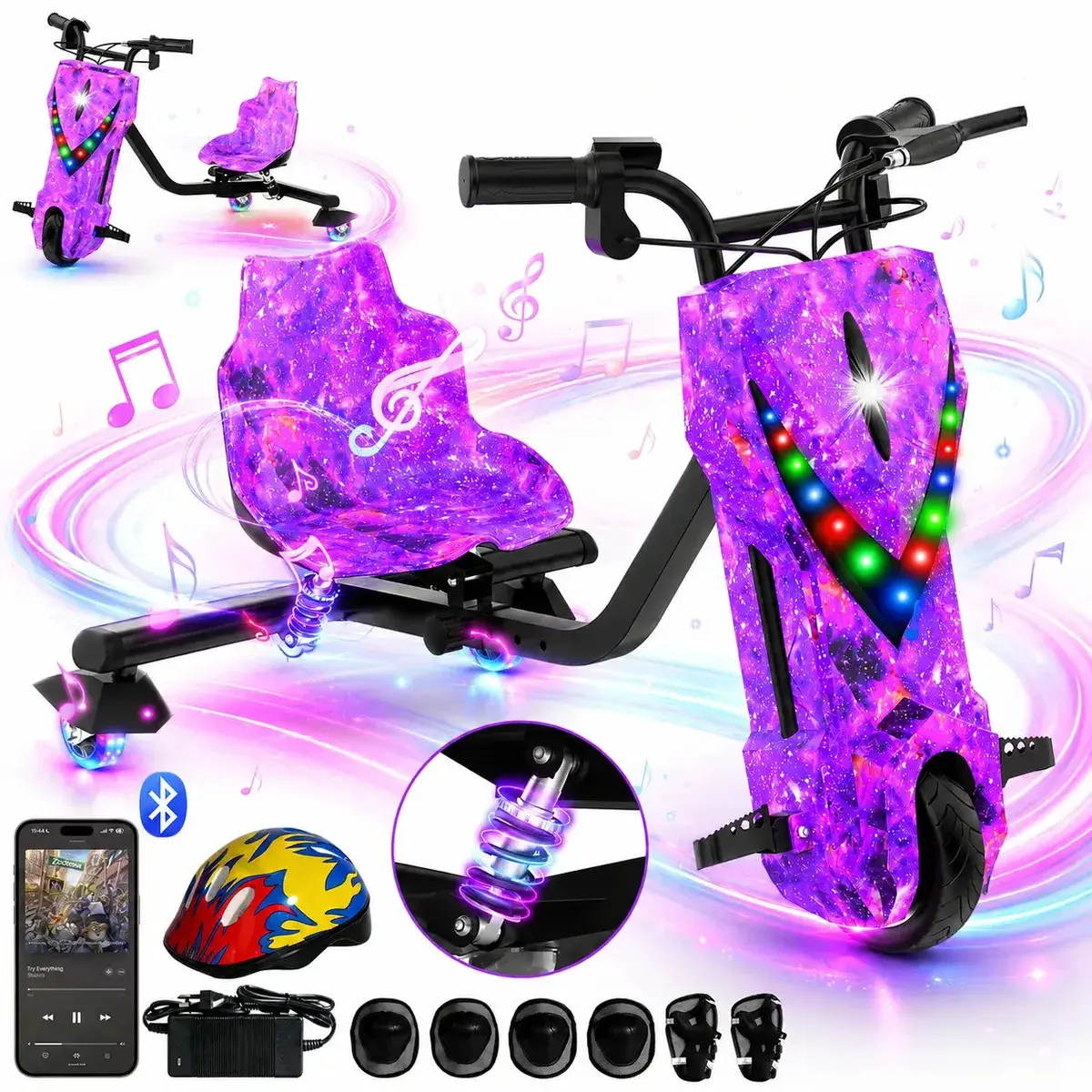 Patinete Elétrico Triciclo Drift Infantil 350W 36V Bluetooth LED 3 Velocidades Motor Brushless Luzes RGB Freio Manual Capacete Kit Proteção Bateria Lítio Ajustável Até 100kg Roxo Galáxia - 1
