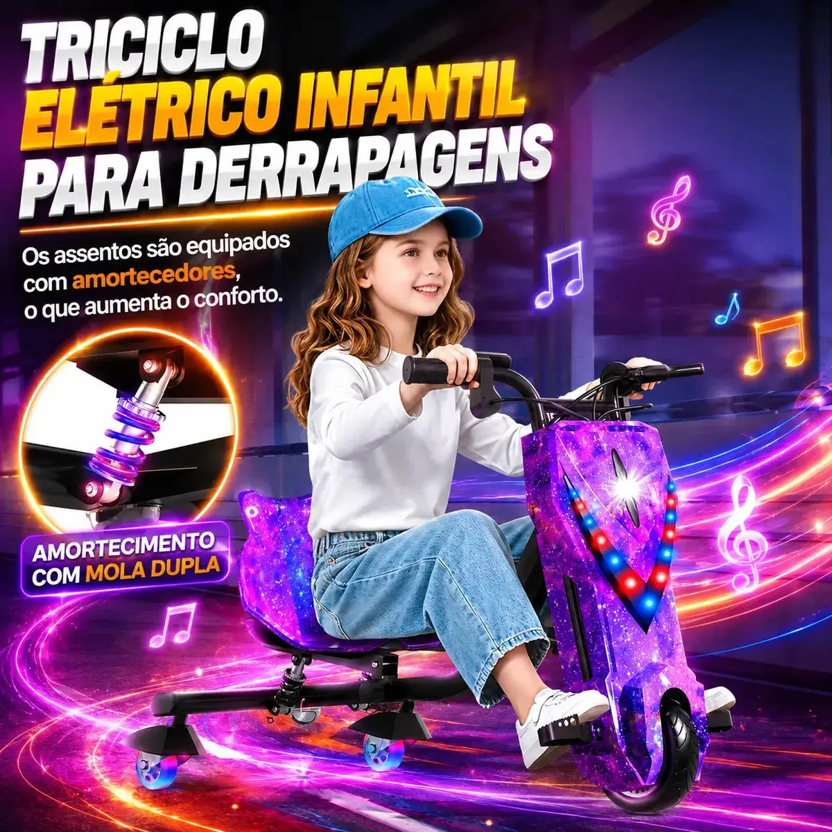 Patinete Elétrico Triciclo Drift Infantil 350W 36V Bluetooth LED 3 Velocidades Motor Brushless Luzes RGB Freio Manual Capacete Kit Proteção Bateria Lítio Ajustável Até 100kg Roxo Galáxia thumbnail 2