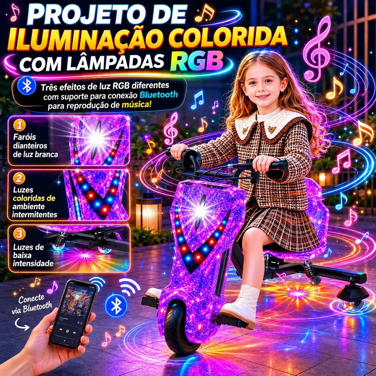 Patinete Elétrico Triciclo Drift Infantil 350W 36V Bluetooth LED 3 Velocidades Motor Brushless Luzes RGB Freio Manual Capacete Kit Proteção Bateria Lítio Ajustável Até 100kg Roxo Galáxia thumbnail 3