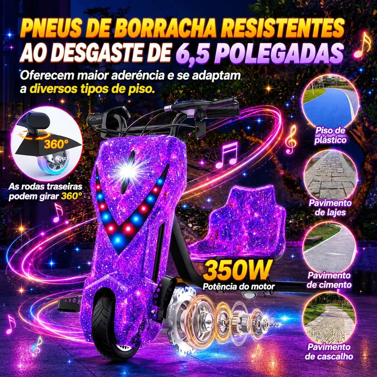 Patinete Elétrico Triciclo Drift Infantil 350W 36V Bluetooth LED 3 Velocidades Motor Brushless Luzes RGB Freio Manual Capacete Kit Proteção Bateria Lítio Ajustável Até 100kg Roxo Galáxia thumbnail 4