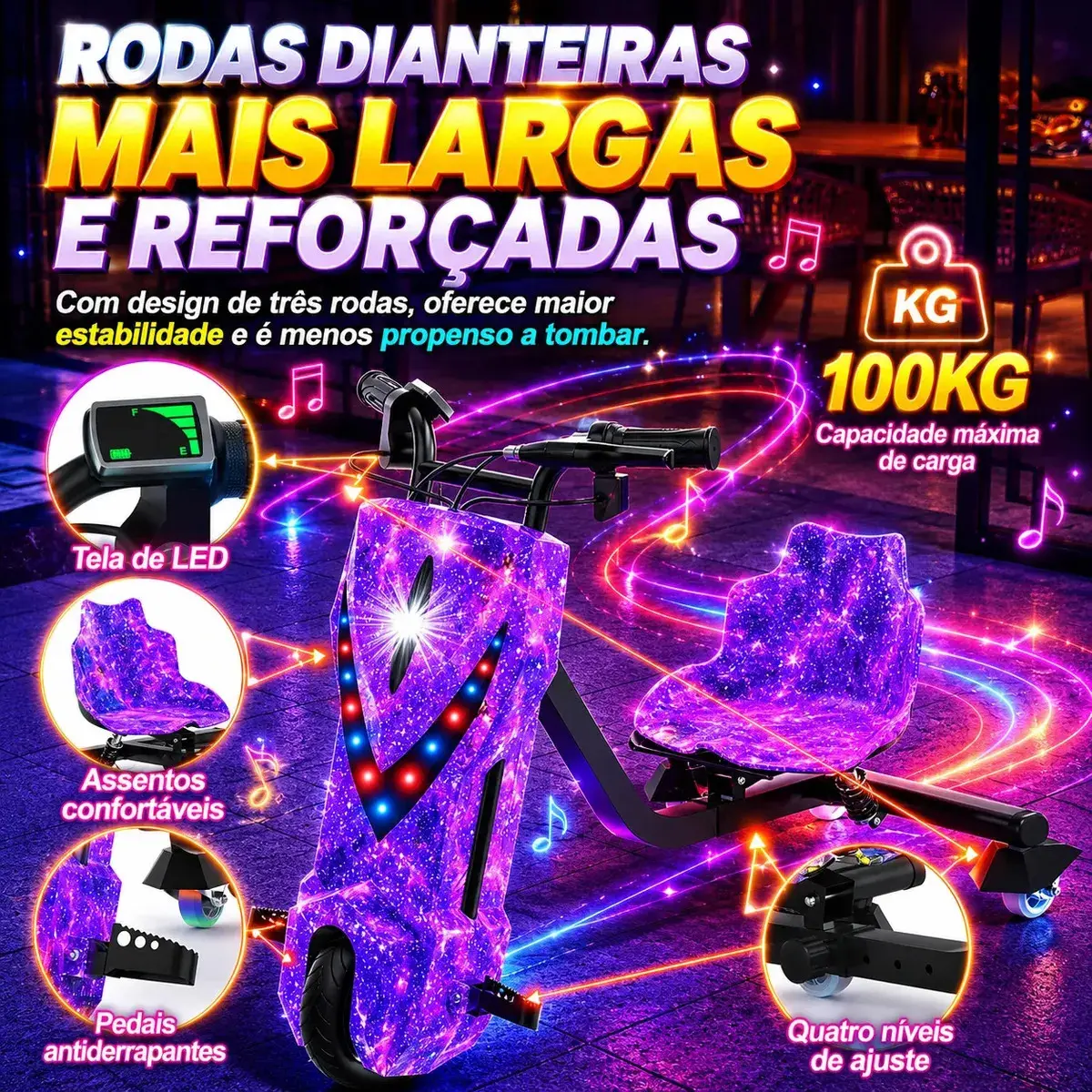 Patinete Elétrico Triciclo Drift Infantil 350W 36V Bluetooth LED 3 Velocidades Motor Brushless Luzes RGB Freio Manual Capacete Kit Proteção Bateria Lítio Ajustável Até 100kg Roxo Galáxia thumbnail 5
