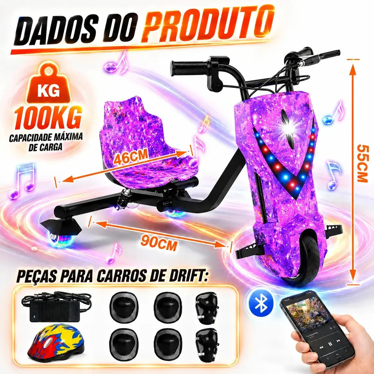 Patinete Elétrico Triciclo Drift Infantil 350W 36V Bluetooth LED 3 Velocidades Motor Brushless Luzes RGB Freio Manual Capacete Kit Proteção Bateria Lítio Ajustável Até 100kg Roxo Galáxia thumbnail 6