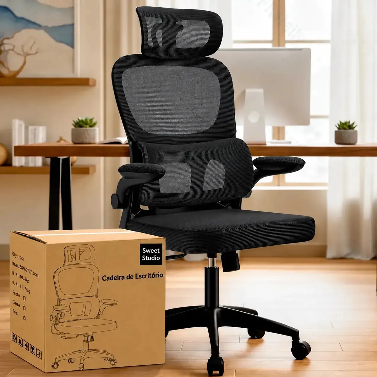 Cadeira de Escritório Sweet Studio Ergonômica Preta, com Apoio de Cabeça e Suporte Lombar - 1