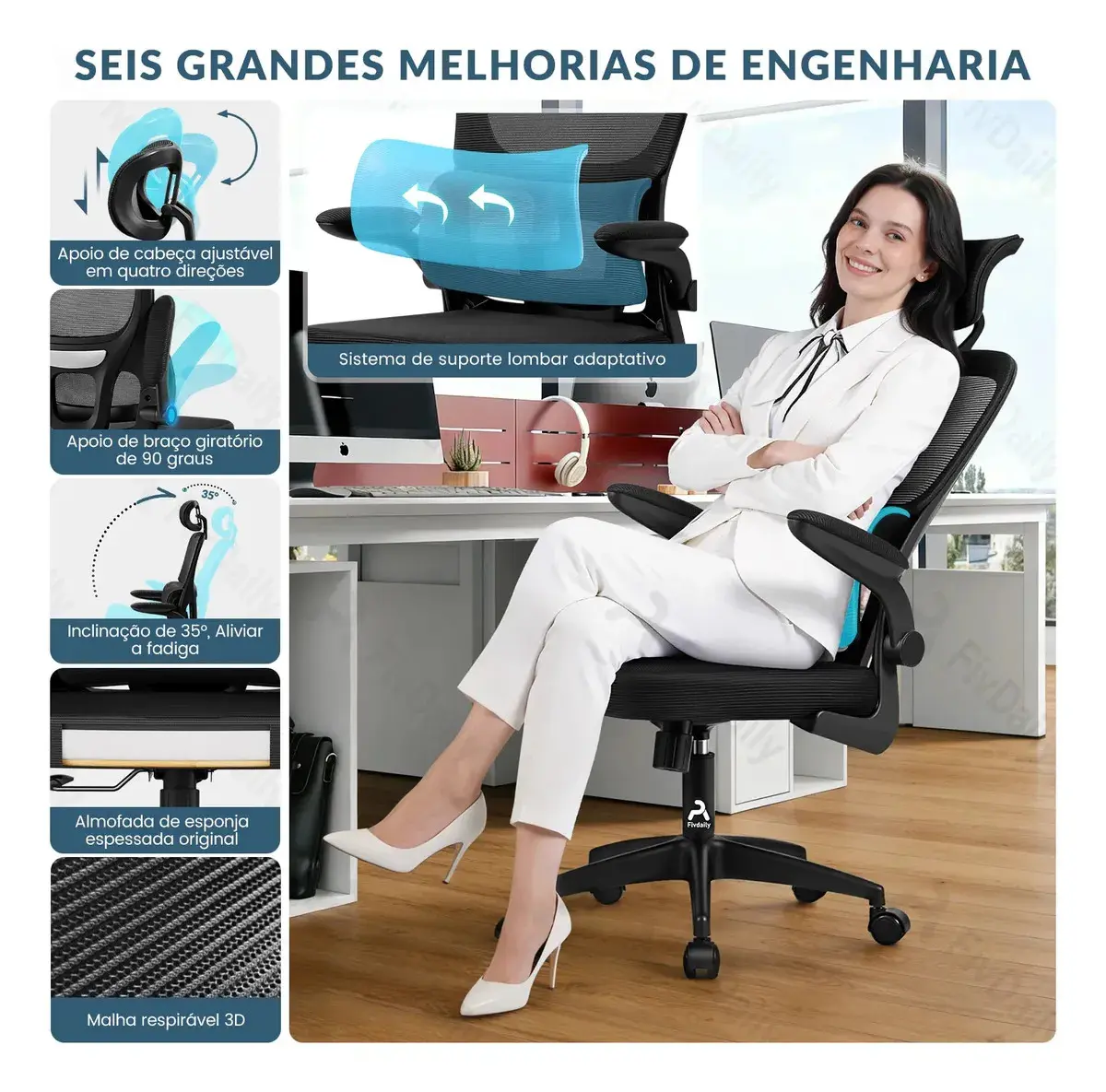 Cadeira de Escritório Sweet Studio Ergonômica Preta, com Apoio de Cabeça e Suporte Lombar thumbnail 2