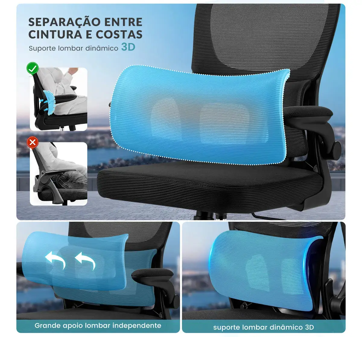 Cadeira de Escritório Sweet Studio Ergonômica Preta, com Apoio de Cabeça e Suporte Lombar thumbnail 3