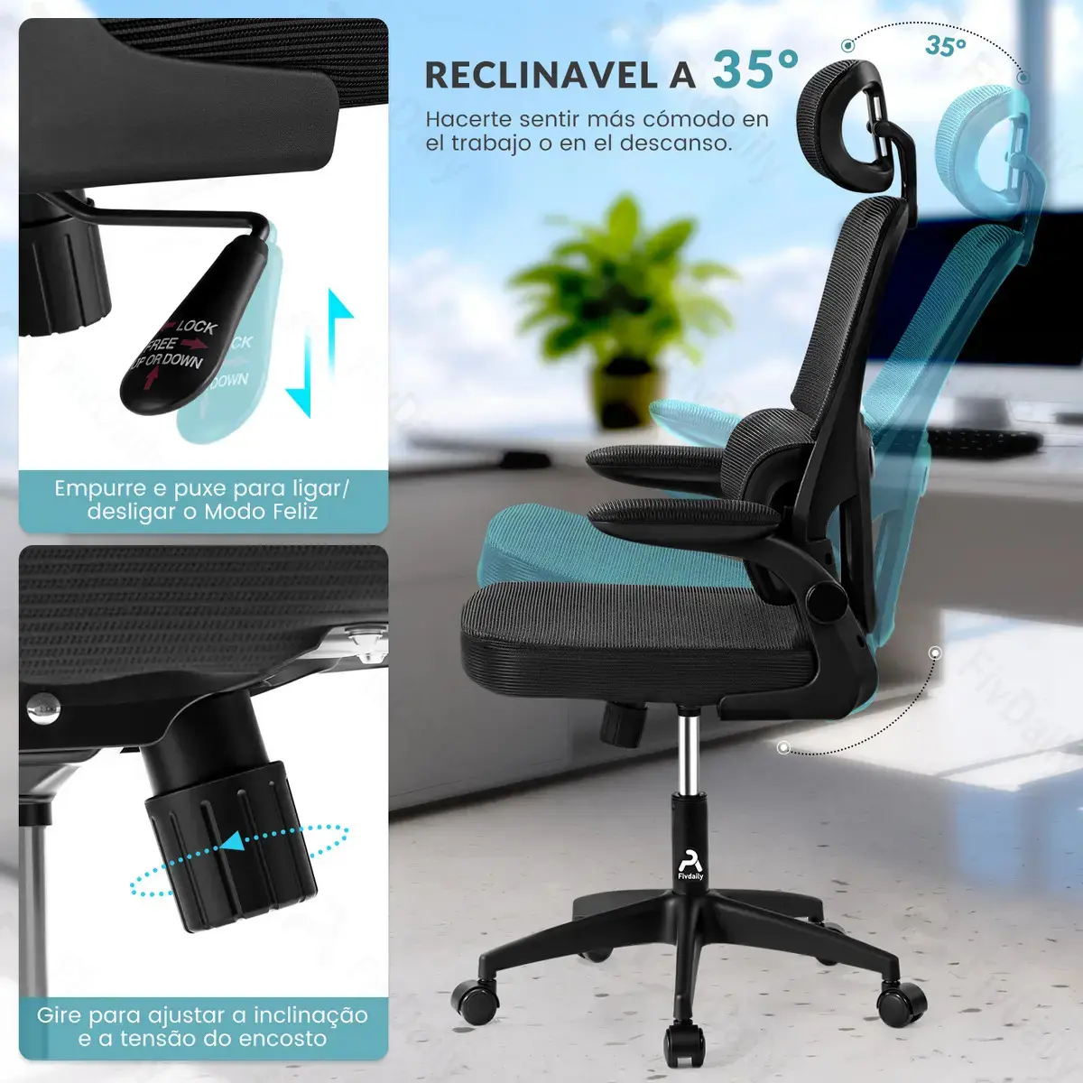 Cadeira de Escritório Sweet Studio Ergonômica Preta, com Apoio de Cabeça e Suporte Lombar thumbnail 5