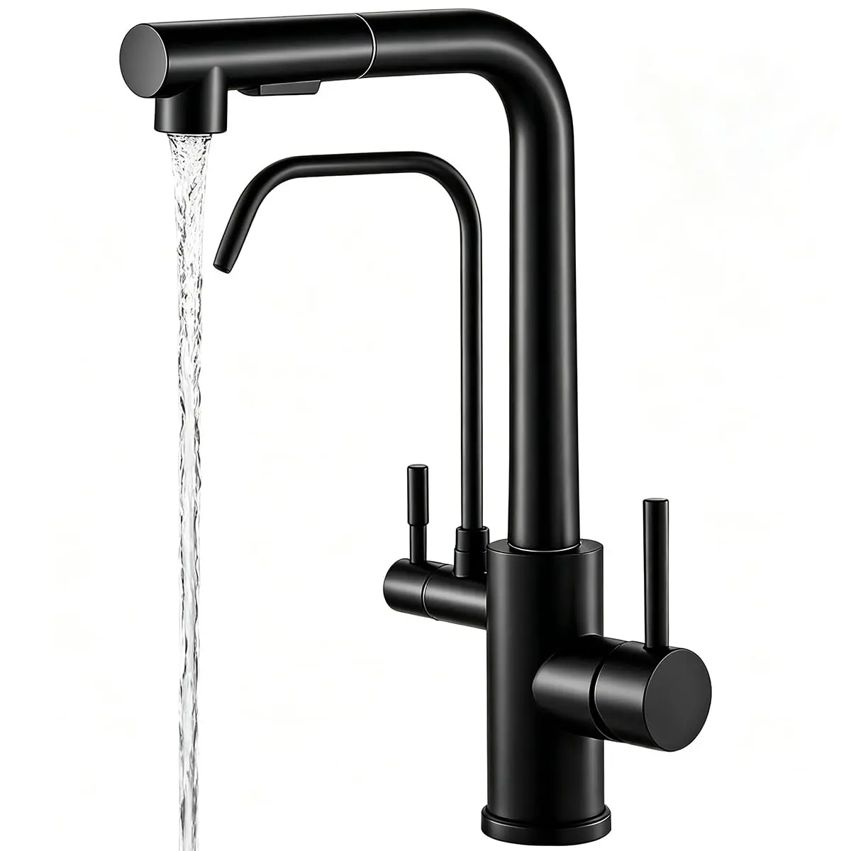 Torneira de Cozinha 3 em 1 com Efeito Cascata e Ducha Retrátil Preto | Efeito Cascata, Saída para Água Potável e Ducha Retrátil, 2 Registros Independentes e Acabamento em Níquel Escovado - 1