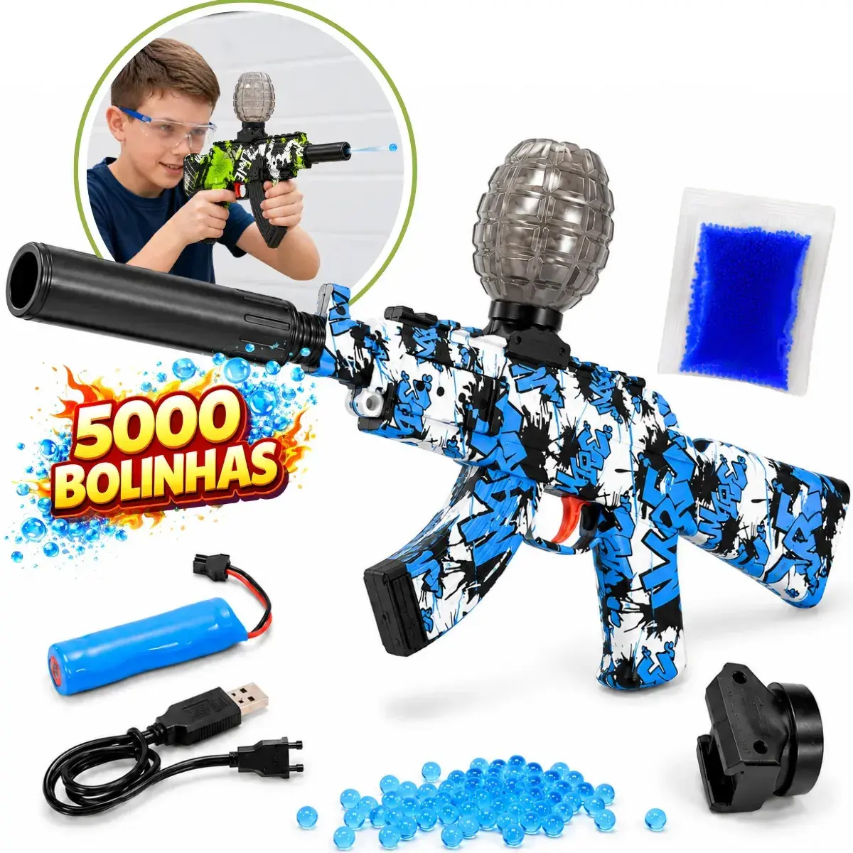 Arminha Brinquedo Ak47 Lançador Bolinhas Gel Recarregável Azul Camuflado - 1