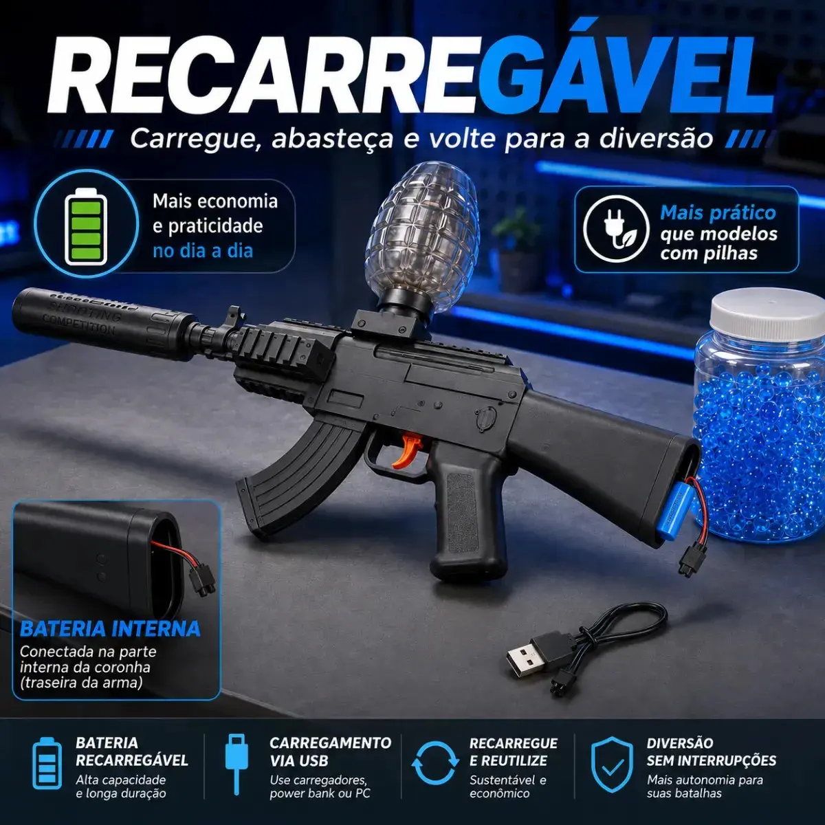 Arminha Brinquedo Ak47 Lançador Bolinhas Gel Recarregável Azul Camuflado thumbnail 4