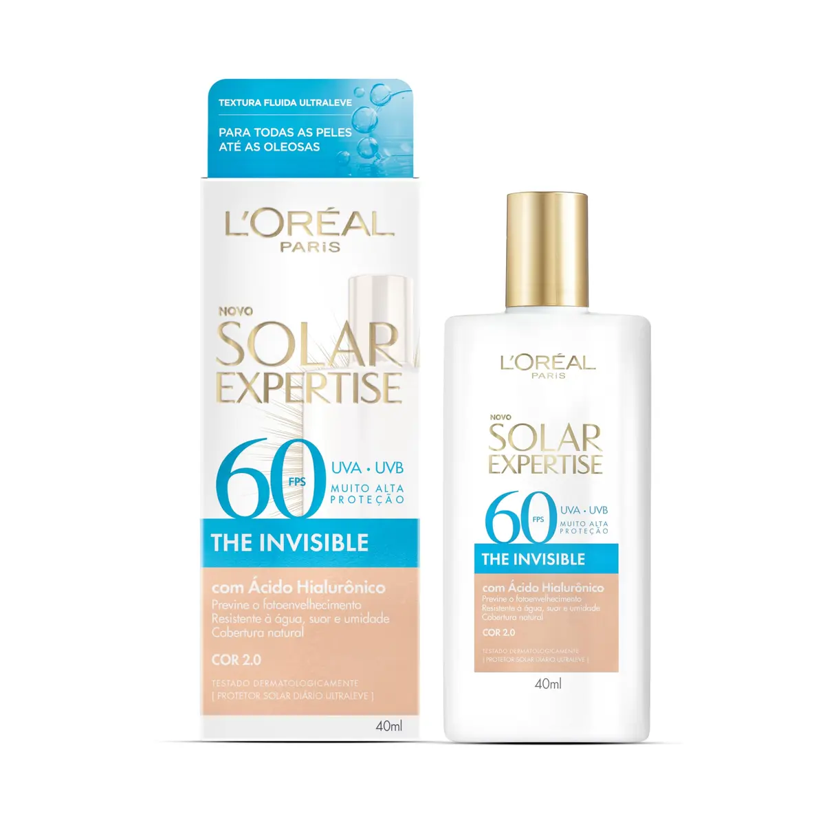 L’Oréal Paris Solar Expertise The Invisible Protetor Solar Facial FPS 60 Para Rosto Com Ácido Hialurônico, Textura Aquosa Ultraleve, Proteção Avançada Anti-Idade, Cor 2.0, 40g