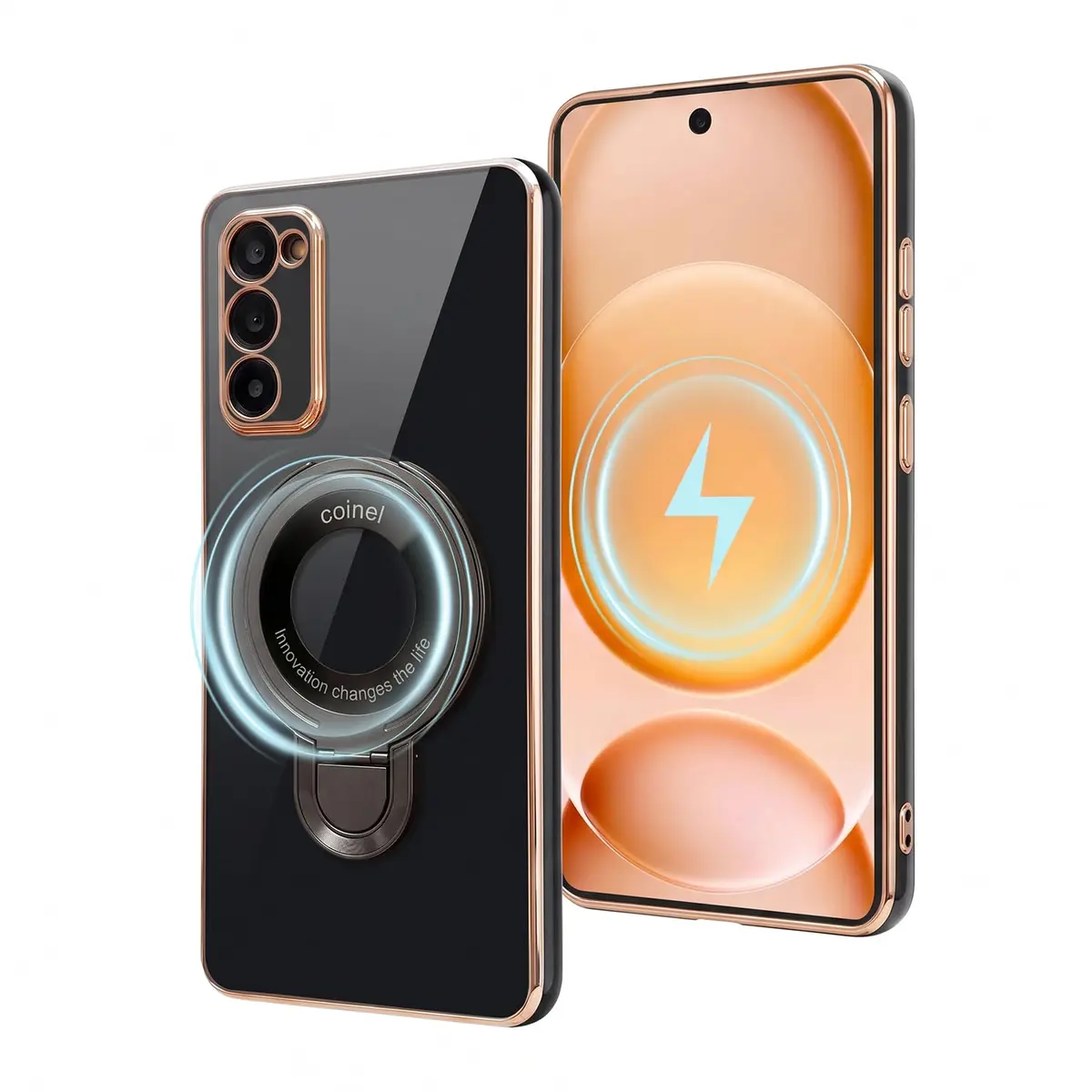 Capa Compatível com Samsung Galaxy A57 5G, Capinha Metalizada com Anel Magnético Giratório, Suporte Dobrável, Estrutura em PC e Proteção para Uso Diário(Preto)