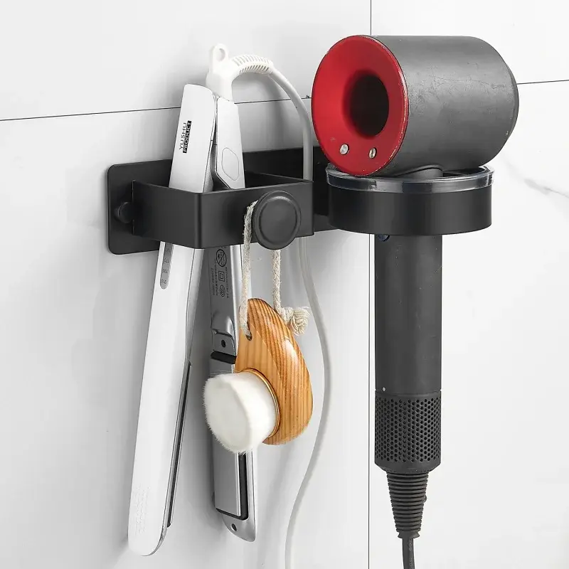Suporte de Parede em Alumínio Sem Furos, Organizador Durável para Secador de Cabelo e Prancha Alisadora. Design moderno, fácil de instalar.