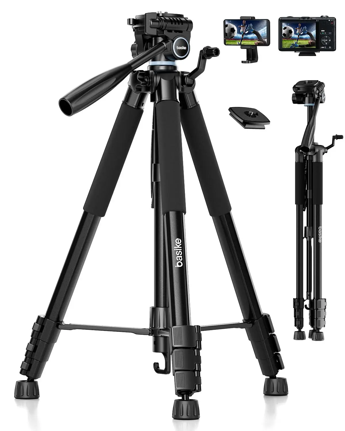 Basike Tripé Profissional para Câmera e Celular, Tripé Portátil (máx. 1,9m) | Alumínio, Ajuste 360°, Altura 0,5–1,9 m, Suporte Universal para Celulares/DSLR/GoPro, Capacidade Máx. 5 kg