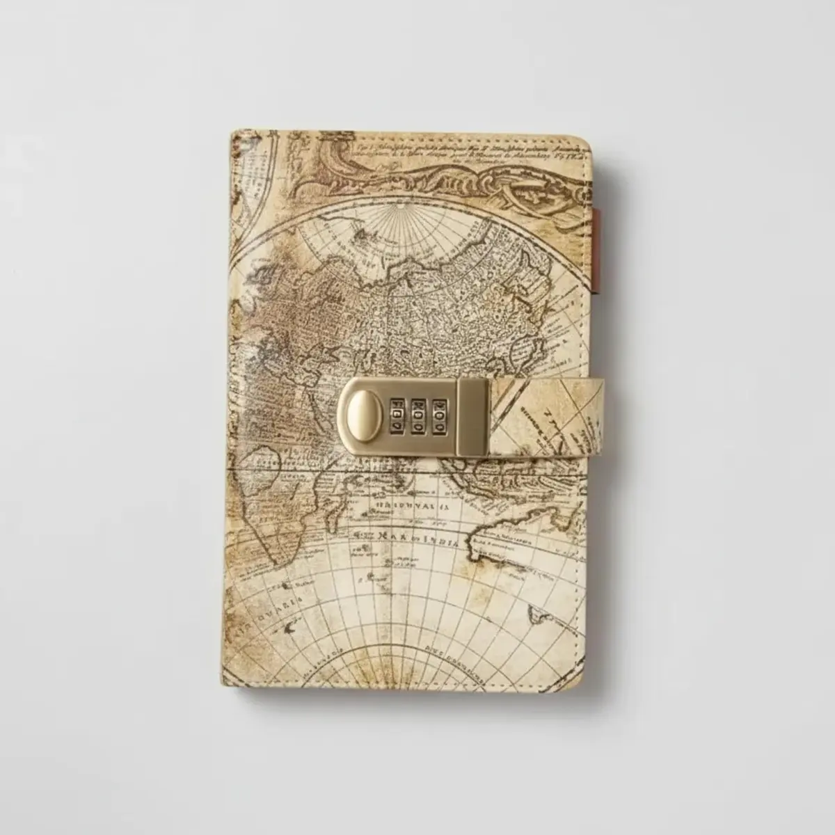 Caderno Diário Pauta Cadeado Senha Mapa Mundi Couro A5 Agenda 100 Páginas