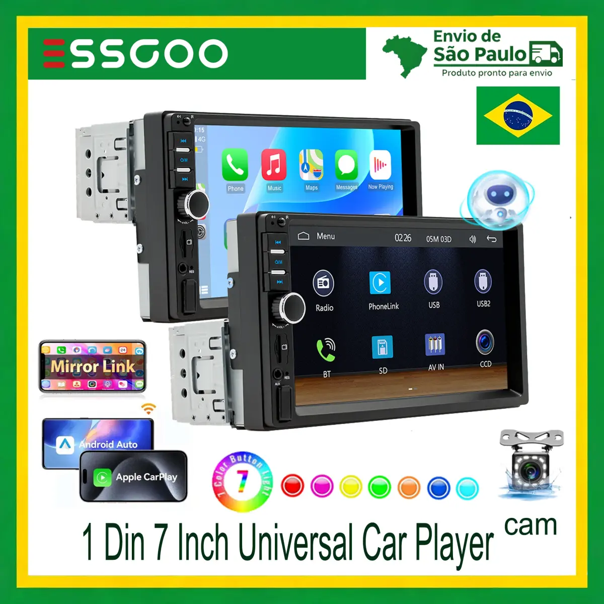 ESSGOO 7 polegadas 1DIN com fio CarPlay Android carro rádio de bordo MP5 player tela sensível ao toque Bluetooth FM USB AUX Link Áudio de carro geral - 1