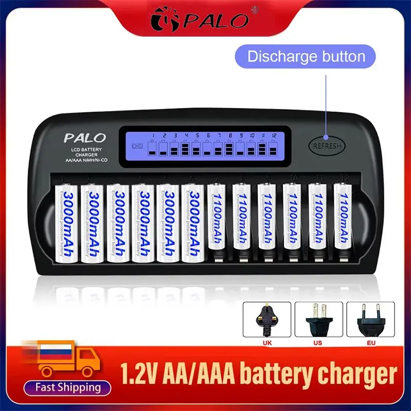 Carregador Rápido Inteligente com 4-16 Slots, Display LCD e Proteção IC Integrada para Baterias 1.2V AA AAA Ni-MH Ni-Cd