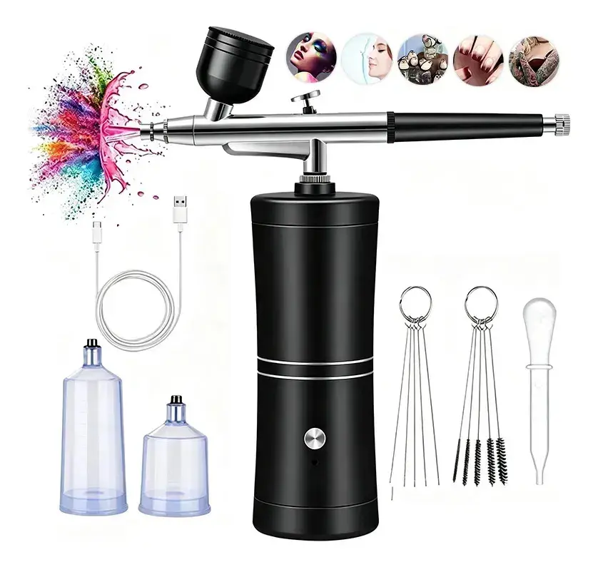 Kit Aerógrafo Sem Fio Recarregável USB com Mini Compressor Portátil, Dupla Ação para Unhas, Bolo, Pintura e Maquiagem