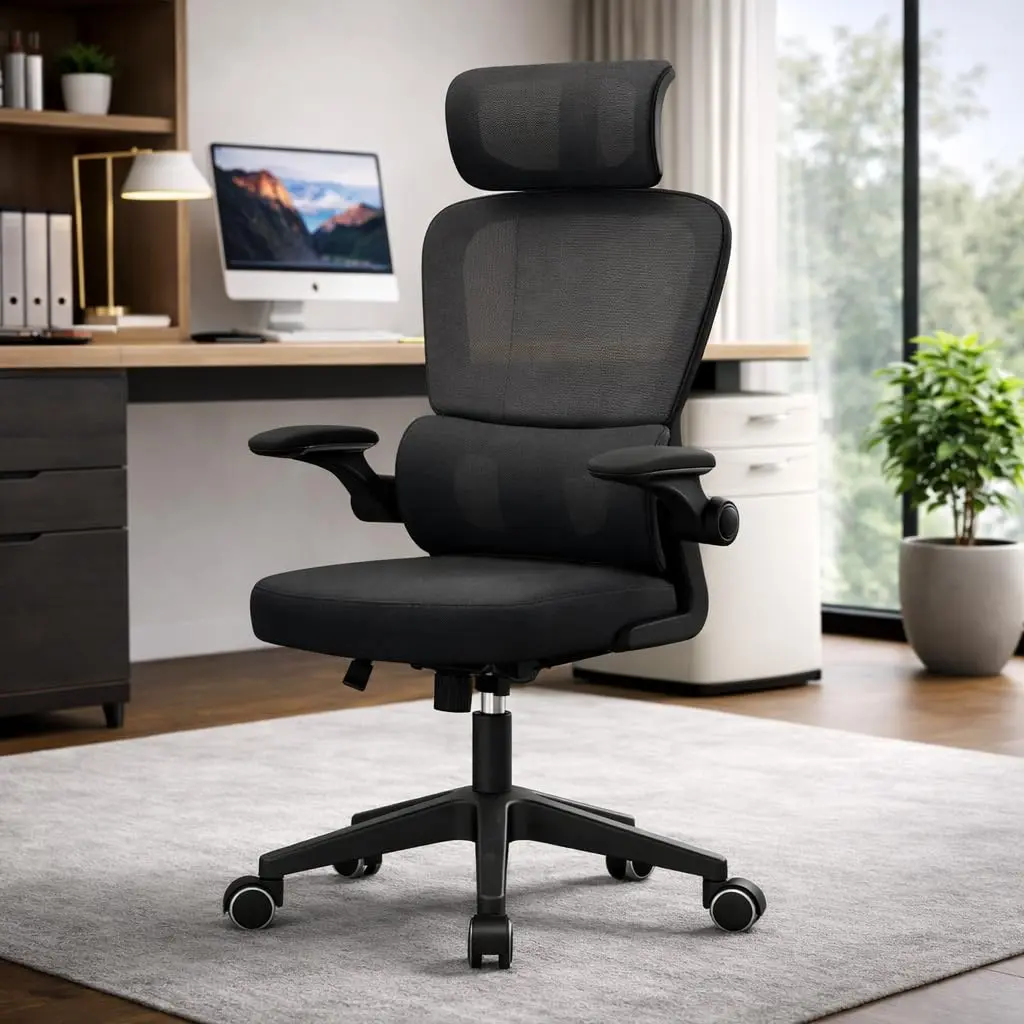 BlidShop Cadeira de Escritório Ergonômica Florença, Tela Mesh Premium, Apoio Lombar Ajustável, Suporta 120kg, Altura Regulável (Preta)