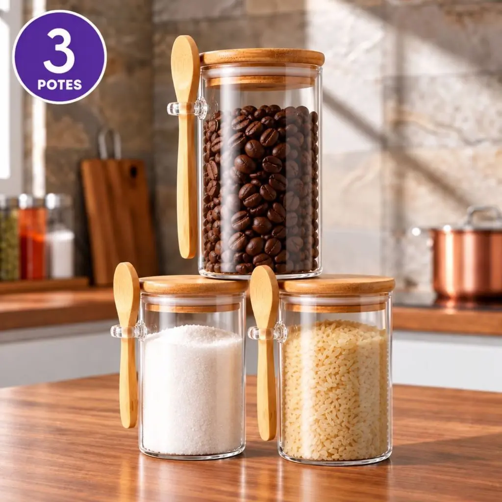 Pote/Colher de Vidro com Tampa de Bambu Hermético Colher 900ml Porta Mantimentos Temperos Saleiro - 1