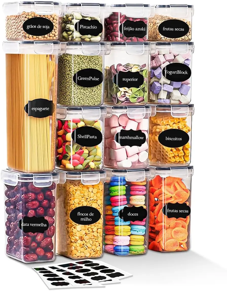 Kit com 15 Potes Herméticos Organizadores – Porta Mantimentos com Travas, BPA Free, para Cereais, Farinha, Açúcar e Alimentos Secos – Tampa Vedada, Plástico Resistente, Ideal para Cozinha e Despensa