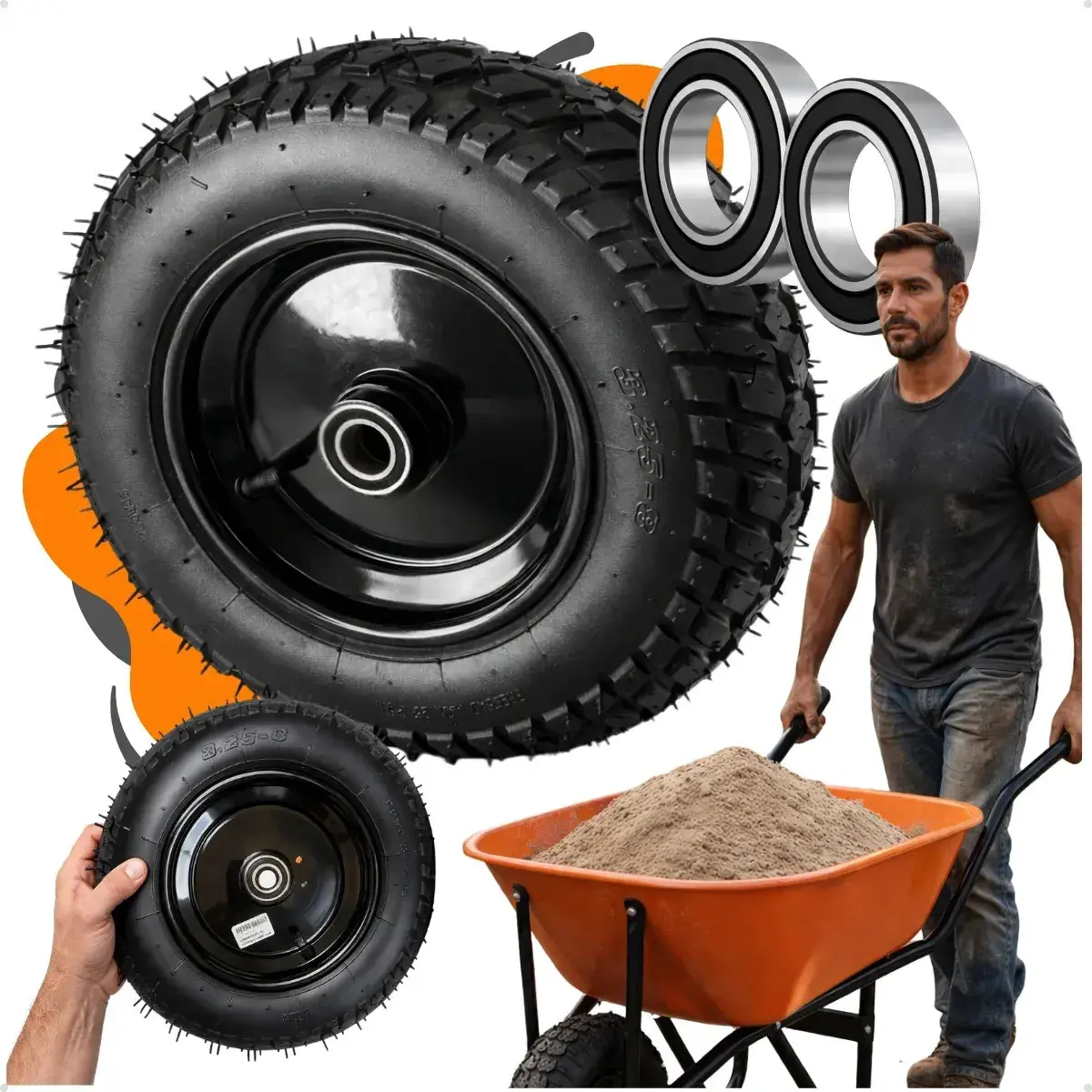 Roda Carrinho Mão Carga Carriola Rolamento Esfera Duplo Blindado Eixo Aro 3,25x8 Universal Furo 0,98 Polegadas 25mm Anti Corrosão Anti Impacto Bico Reforçado Construção Obra Pedreiro - 1