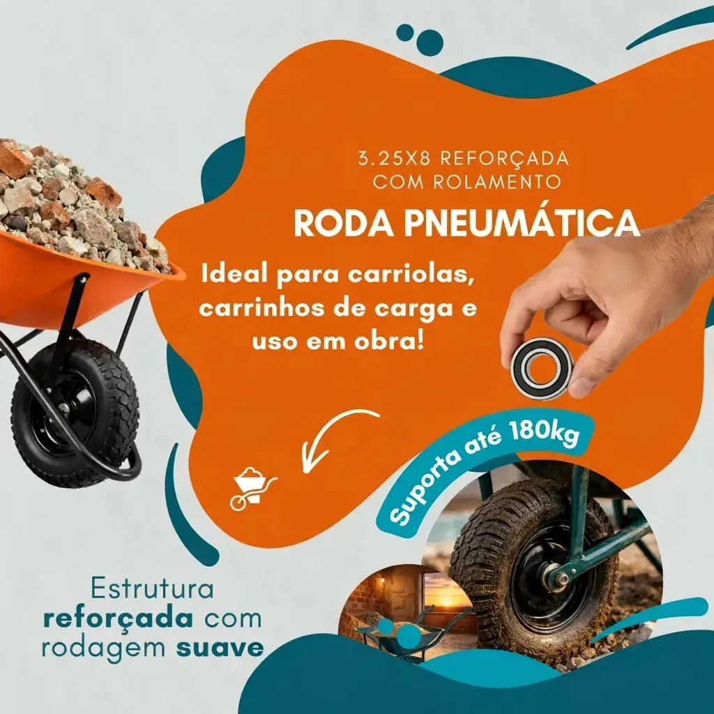 Roda Carrinho Mão Carga Carriola Rolamento Esfera Duplo Blindado Eixo Aro 3,25x8 Universal Furo 0,98 Polegadas 25mm Anti Corrosão Anti Impacto Bico Reforçado Construção Obra Pedreiro thumbnail 2