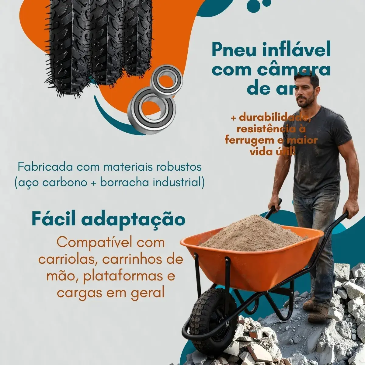 Roda Carrinho Mão Carga Carriola Rolamento Esfera Duplo Blindado Eixo Aro 3,25x8 Universal Furo 0,98 Polegadas 25mm Anti Corrosão Anti Impacto Bico Reforçado Construção Obra Pedreiro thumbnail 3
