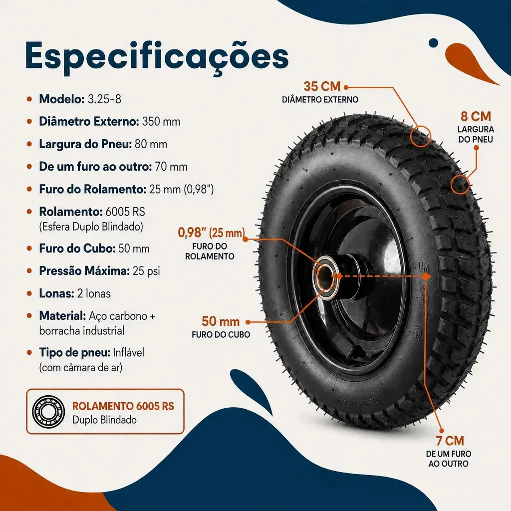 Roda Carrinho Mão Carga Carriola Rolamento Esfera Duplo Blindado Eixo Aro 3,25x8 Universal Furo 0,98 Polegadas 25mm Anti Corrosão Anti Impacto Bico Reforçado Construção Obra Pedreiro thumbnail 4
