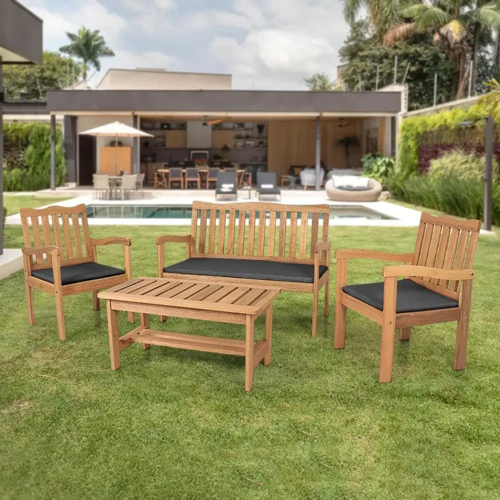 Conjunto Para Jardim de Madeira Eucalipto 4 Peças Estofado Nature Amadeirado/Preto