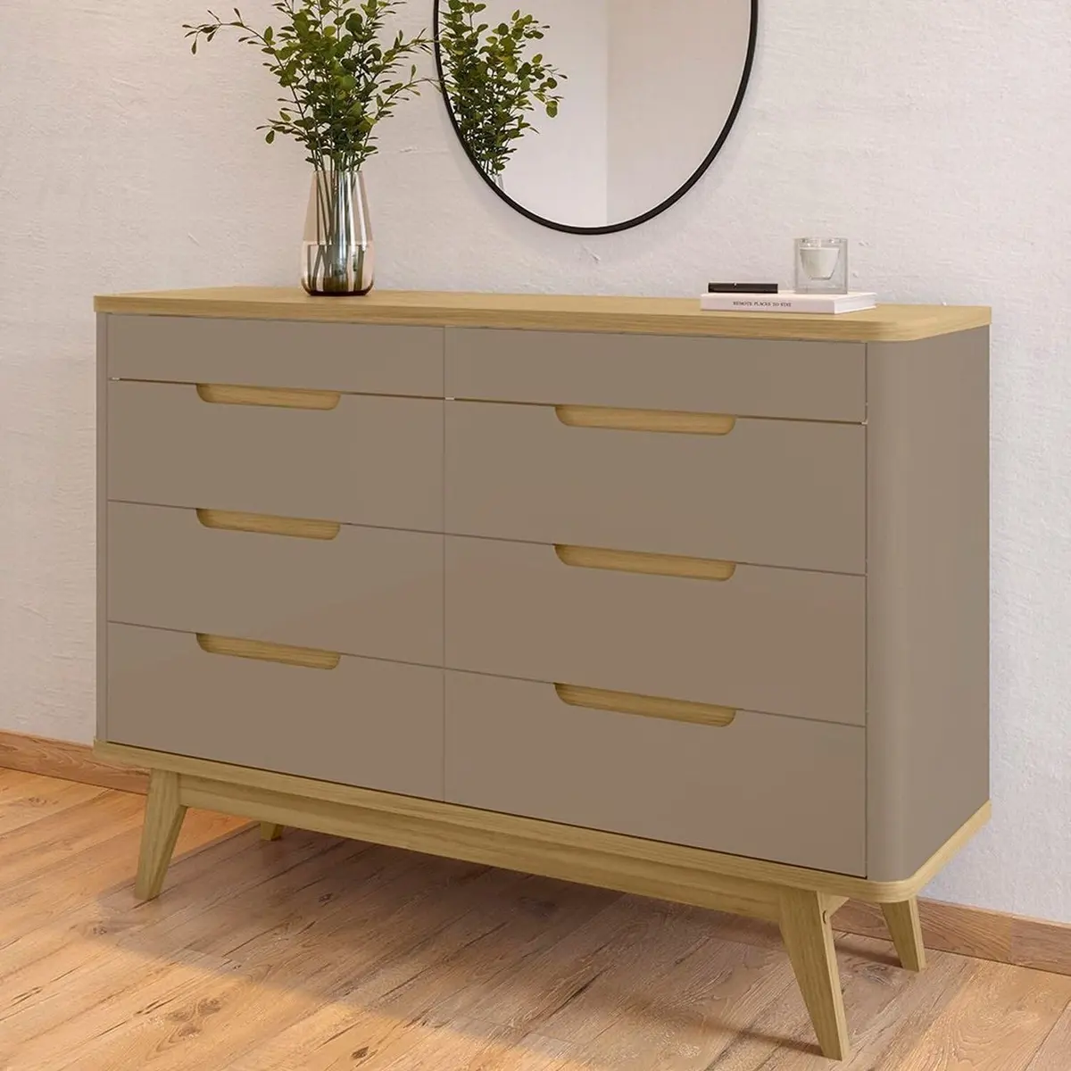 Cômoda 8 Gavetas com Organizador Tampo e Base de 2,5cm Vicenza Cinza/Fendi/Hannover Fendi/Hannover
