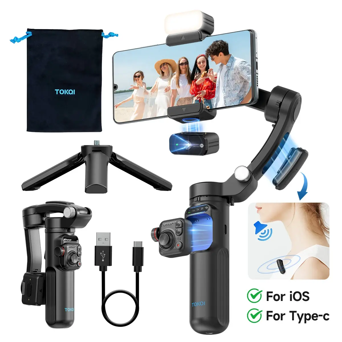 Estabilizador gimbal de 3 eixos com rastreamento facial AI com microfone sem fio, luz magnética, controle remoto removível, para iPhone Android Vlog Video - 1