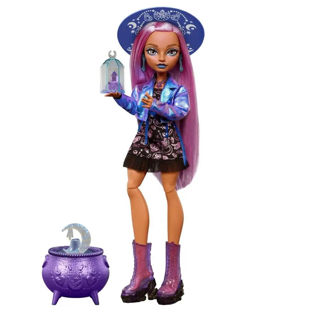 Monster High Boneca Lyla Stone 4Y+ Lyla Stone (Monster High) | Bruxa de cristal com jaqueta roxa metálica, surpresa de caldeirão e acessórios JMB90 - 1