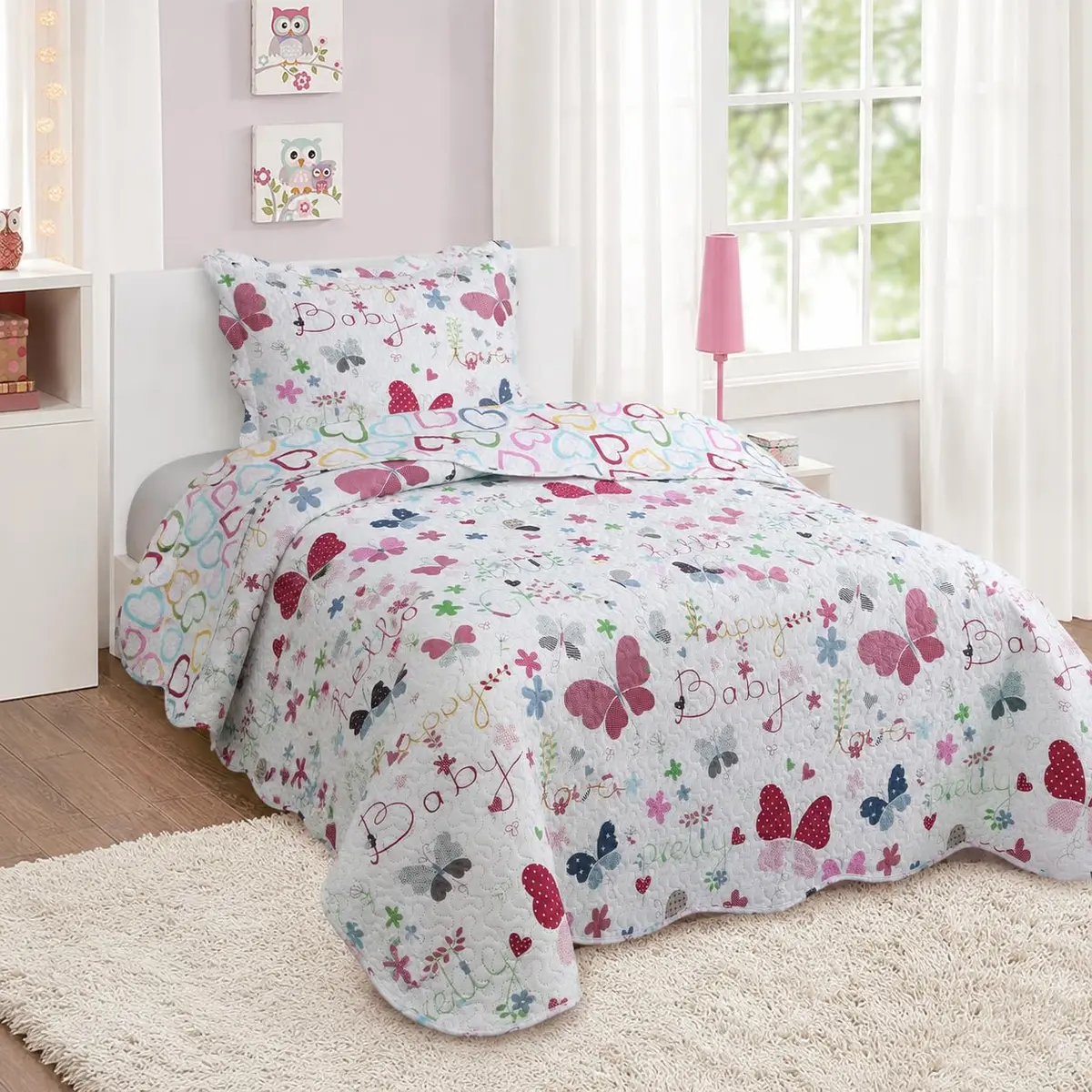 Kit Colcha Infantil Cobre Leito 2 Peças, Matelassê Ultrassônico 160x240cm Personagens Divertidos Menina/Menino (BORBOLETAS) - 1